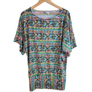 Trina Turk Bora Bora Striped Floral Tunic Cover Up Dress Size L Beach Swim